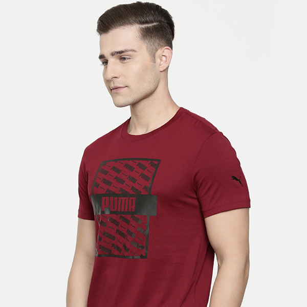 red-printed t-shirt side-view